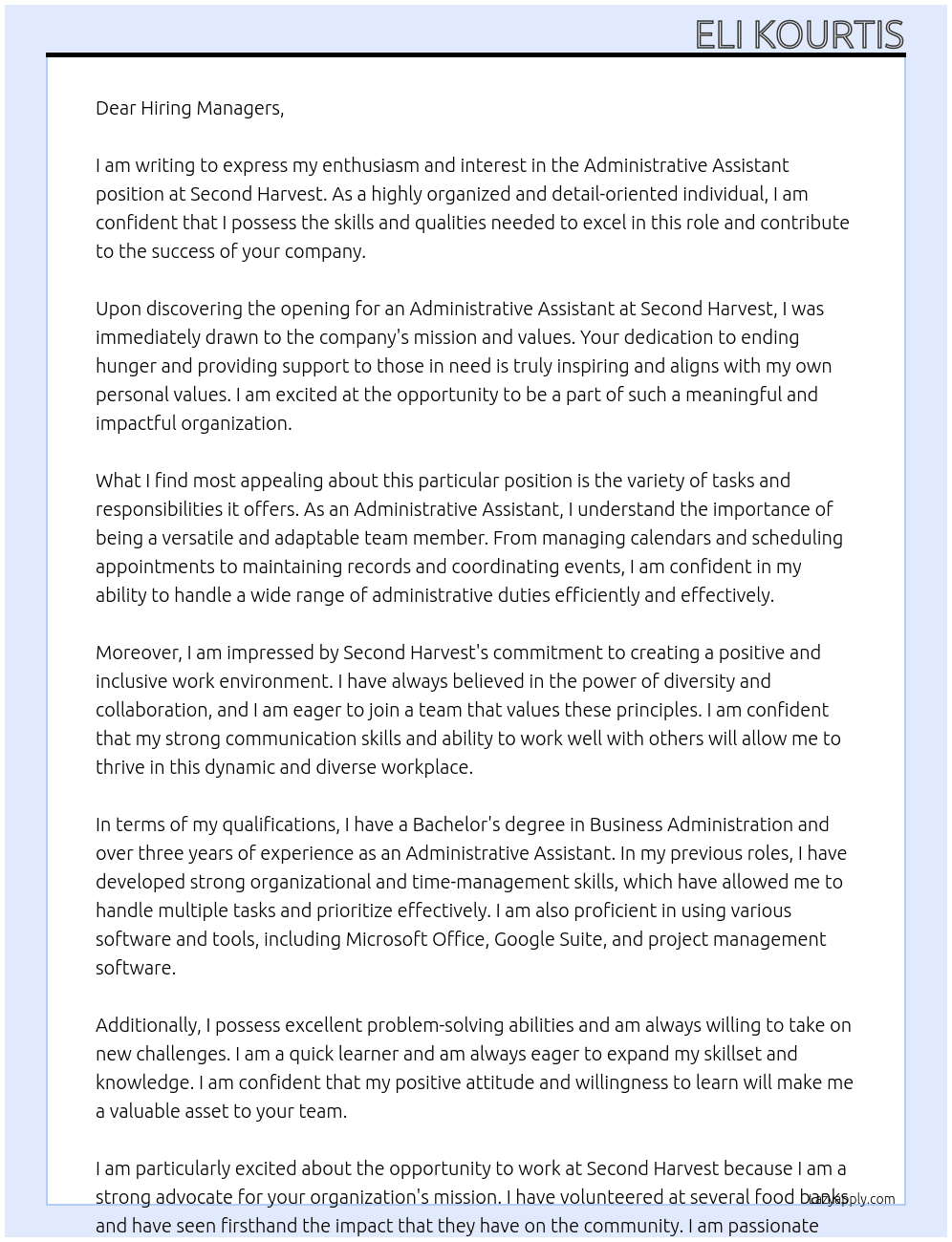 Administrative Assistant At Second Harvest Cover Letter