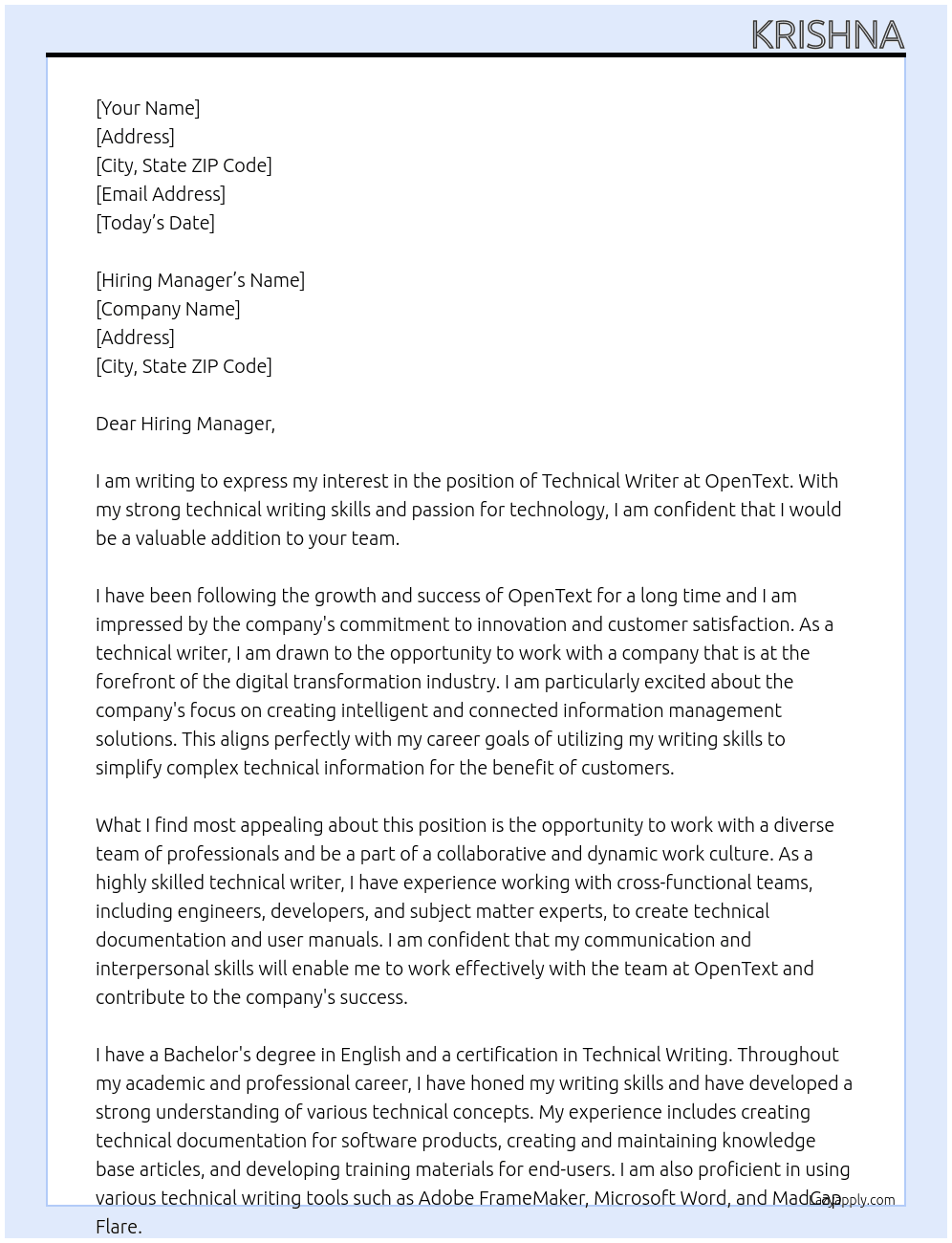 Technical Writer At opentext Cover Letter