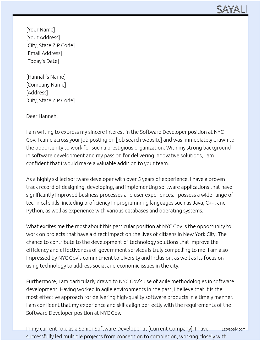 Software developer At NYC Gov Cover Letter