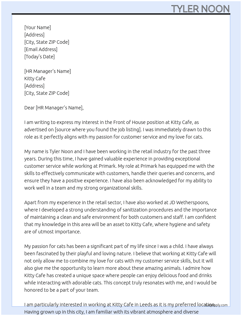 Front of house  At Kitty Cafe  Cover Letter