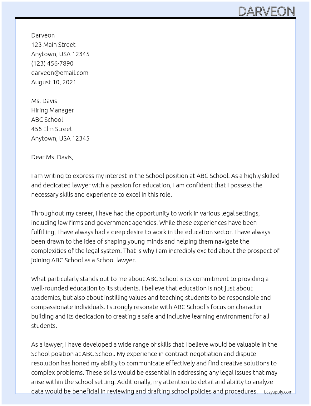 school  At lawyer Cover Letter