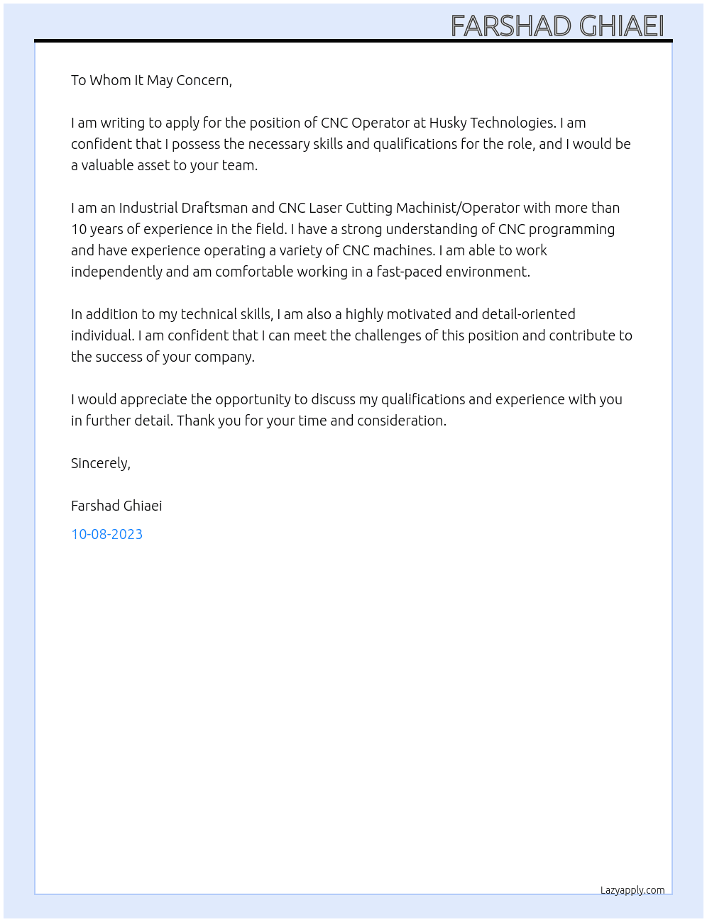 CNC Operator  At Husky Technologies  Cover Letter