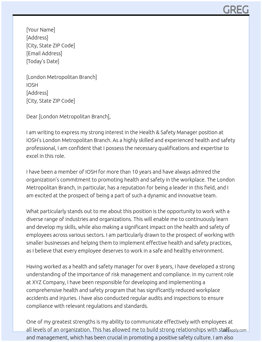 health & safety manager At IOSH Cover Letter