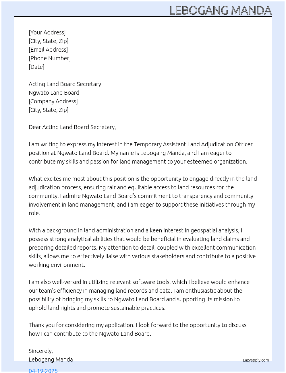 Temporary Assistant Land Adjudication Officer  At Ngwato Land Board Cover Letter