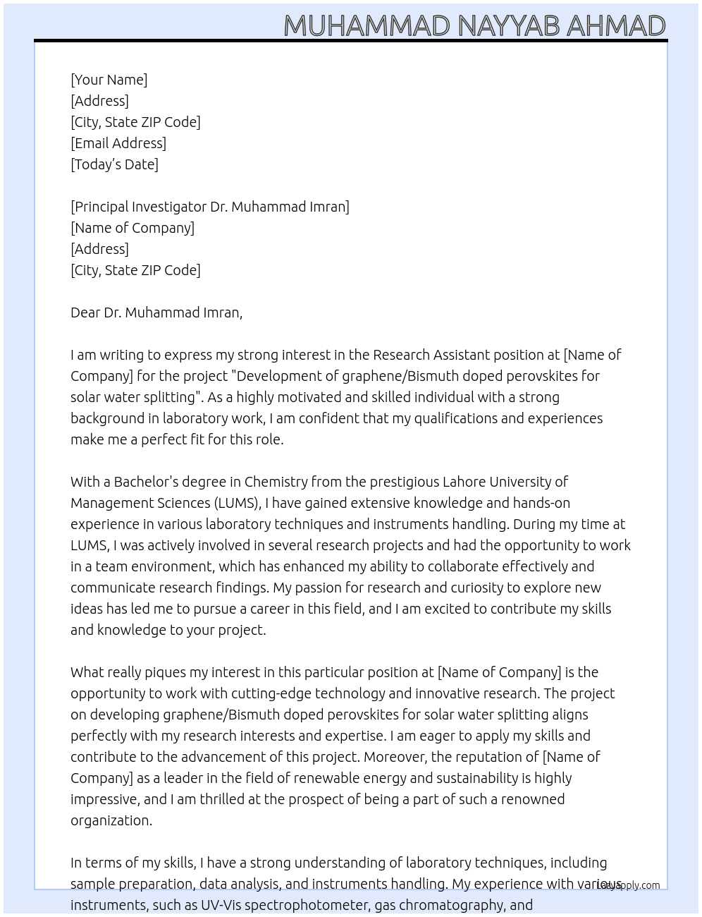 Research Assistant position At Development of graphene/Bismuth doped perovskites for solar water splitting Cover Letter