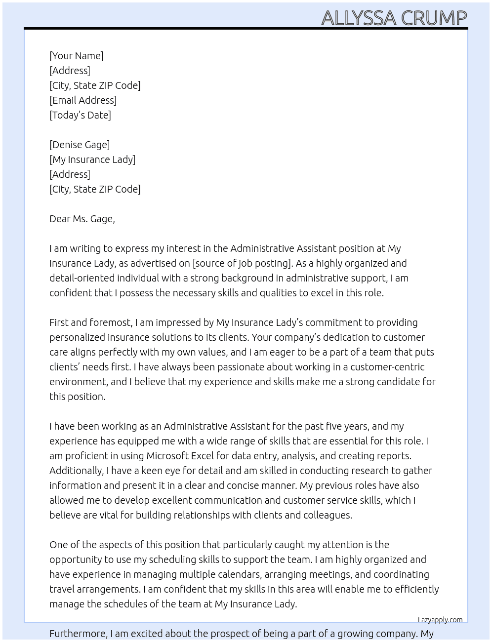 Administrative Assistant At My Insurance Lady Cover Letter