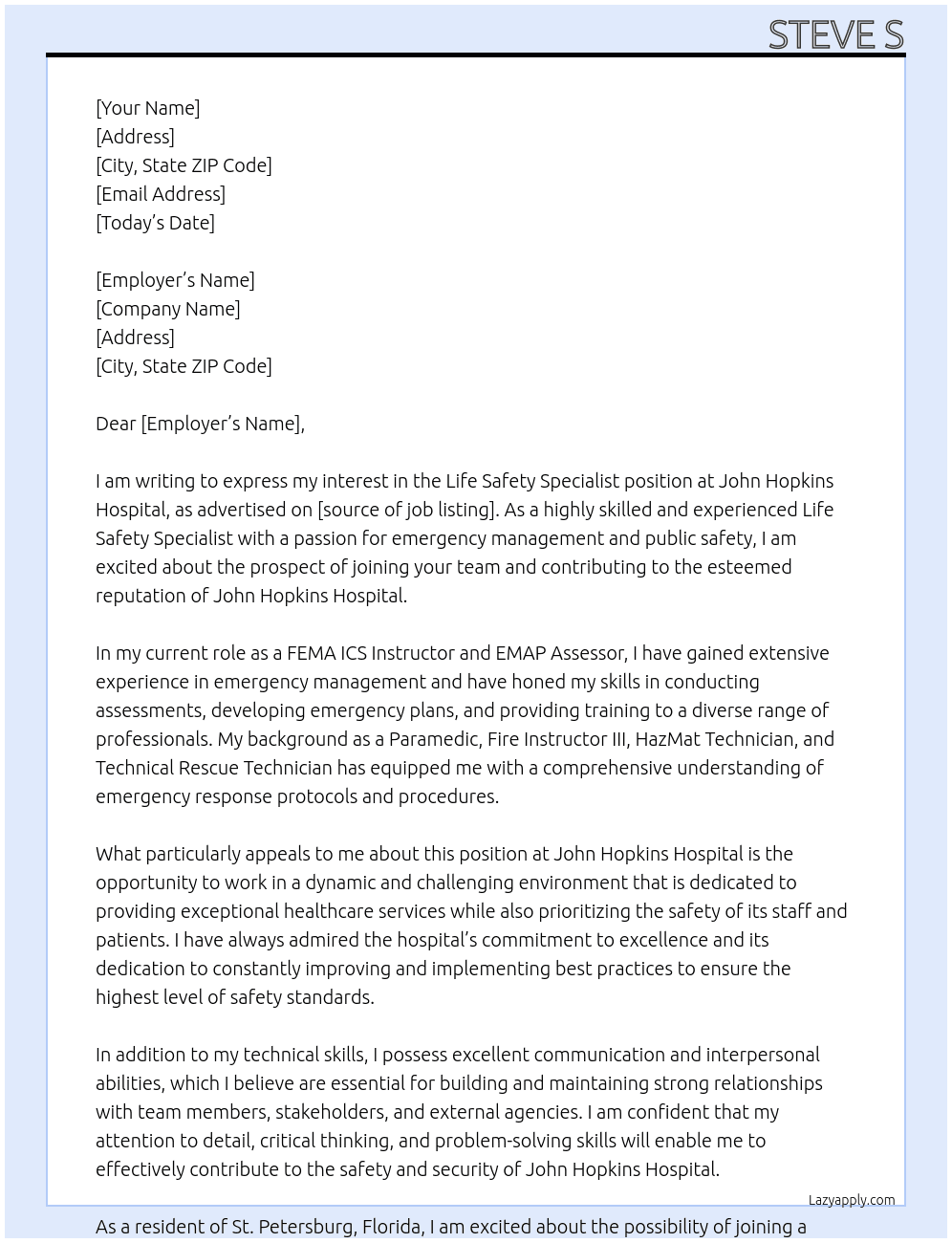 Life Safety Specialist At John Hopkins Hospital Cover Letter