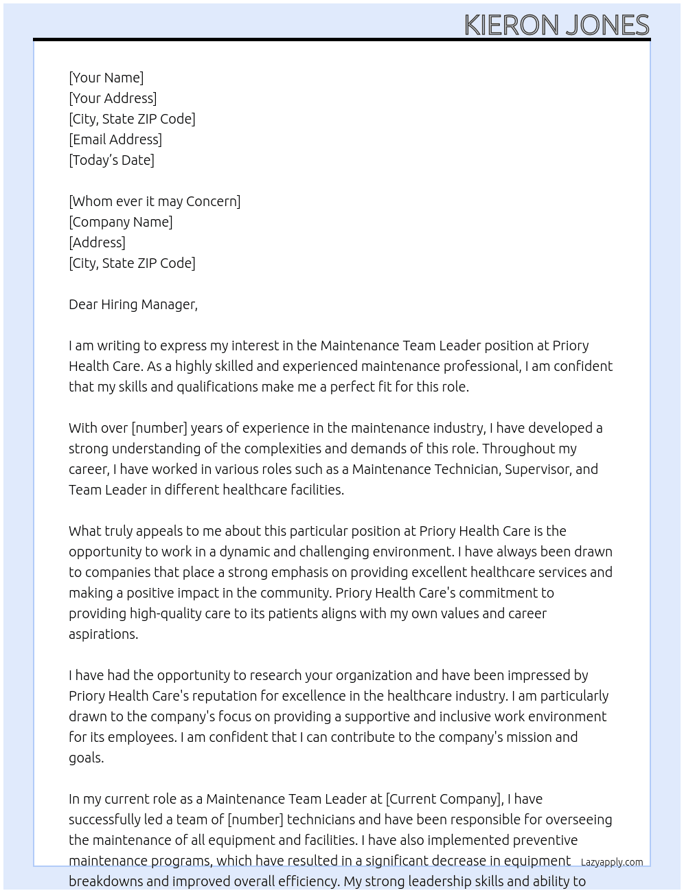 Maintenance team leader  At Priory health care  Cover Letter