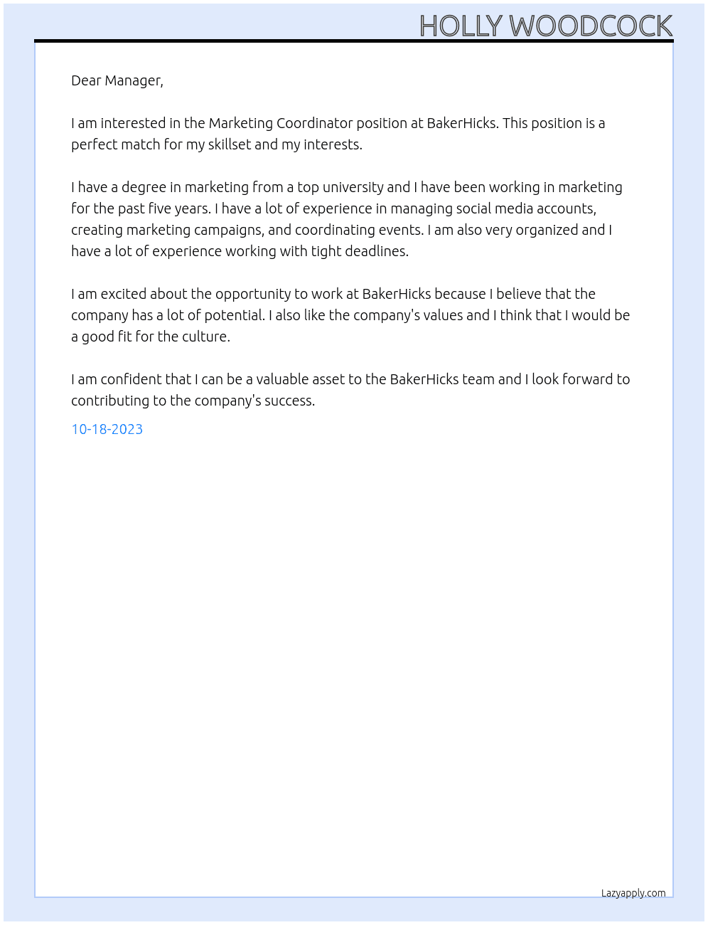 Marketing Coordinator   At BakerHicks Cover Letter