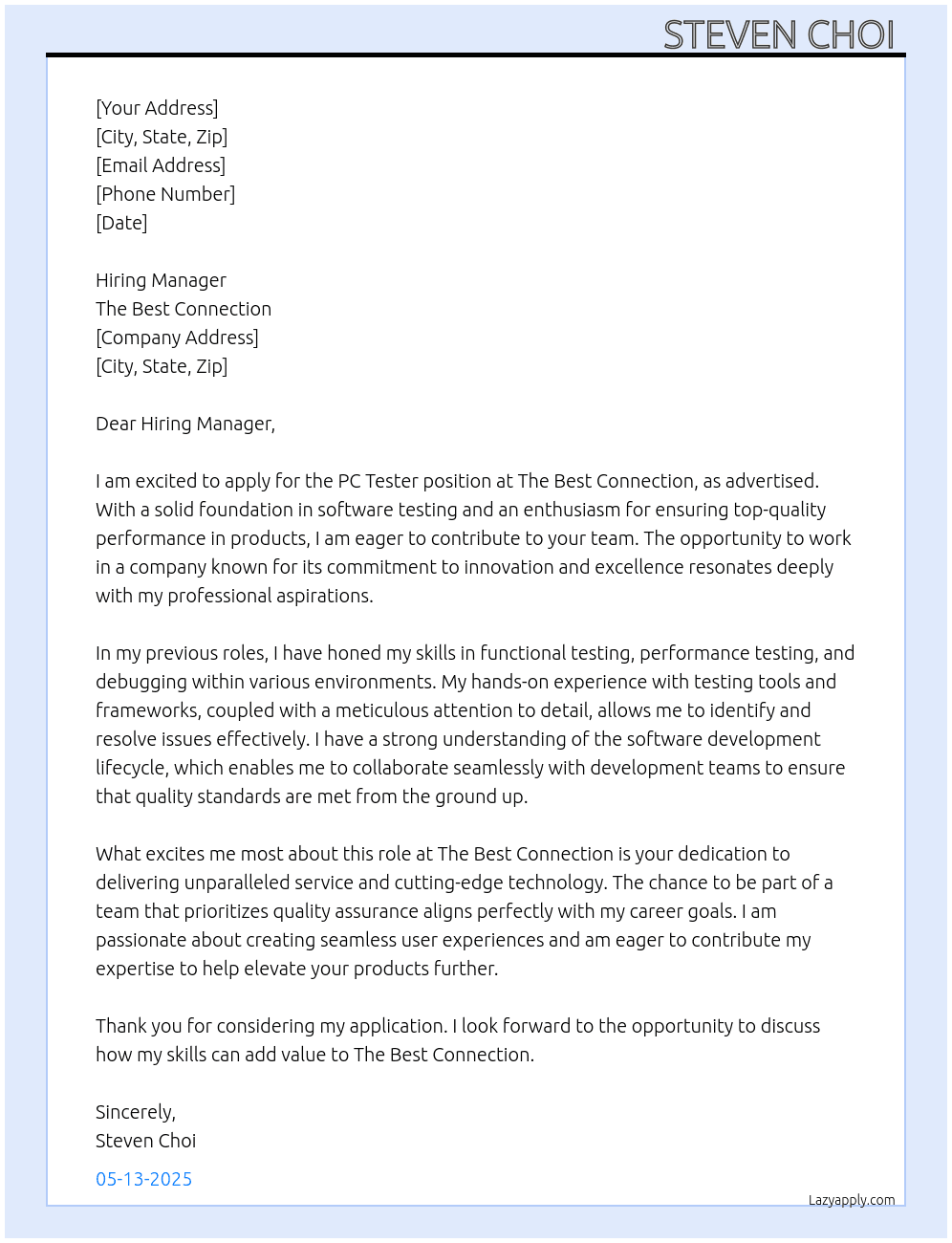PC Tester At The Best Connection  Cover Letter