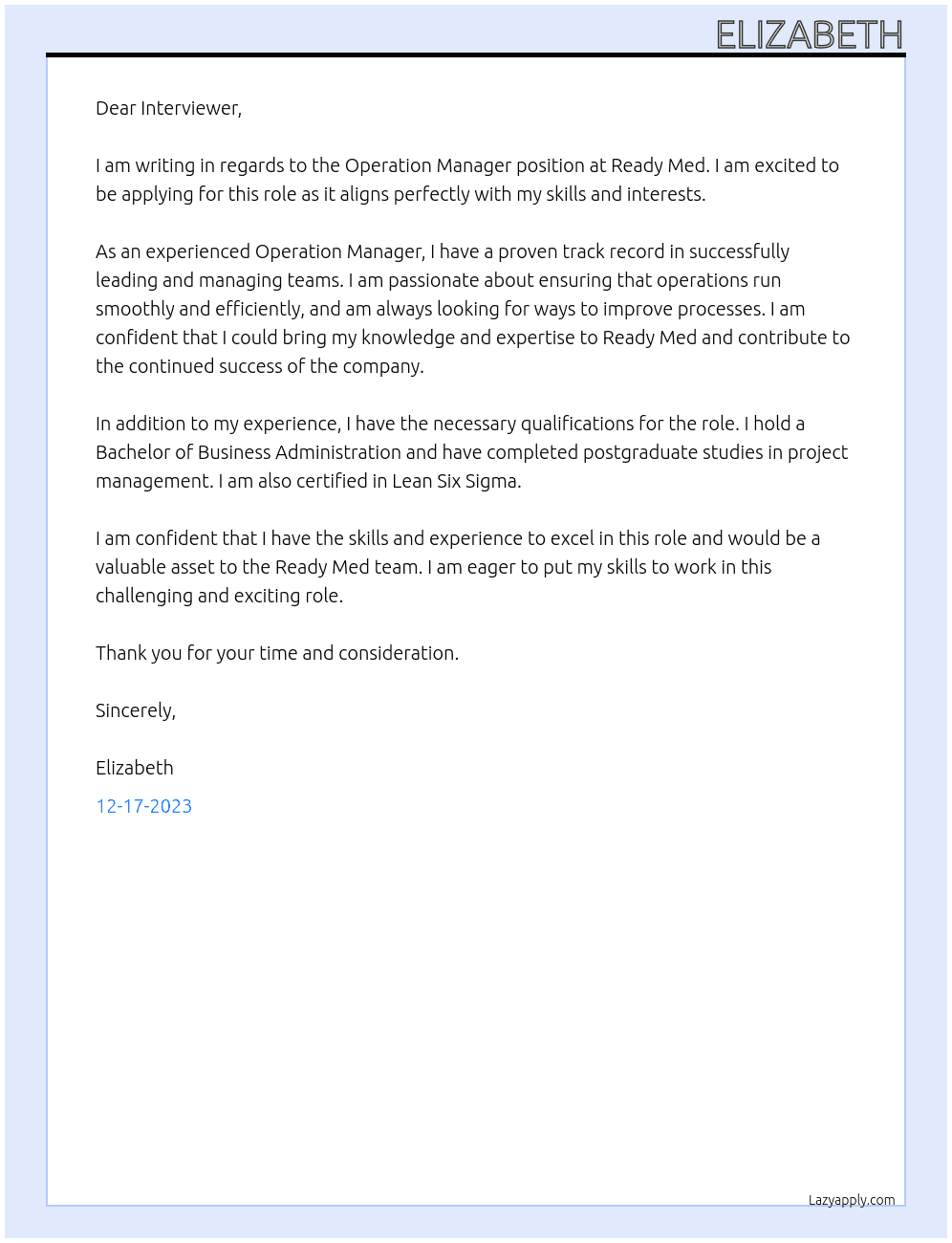 Operation Manager At Ready Med Cover Letter
