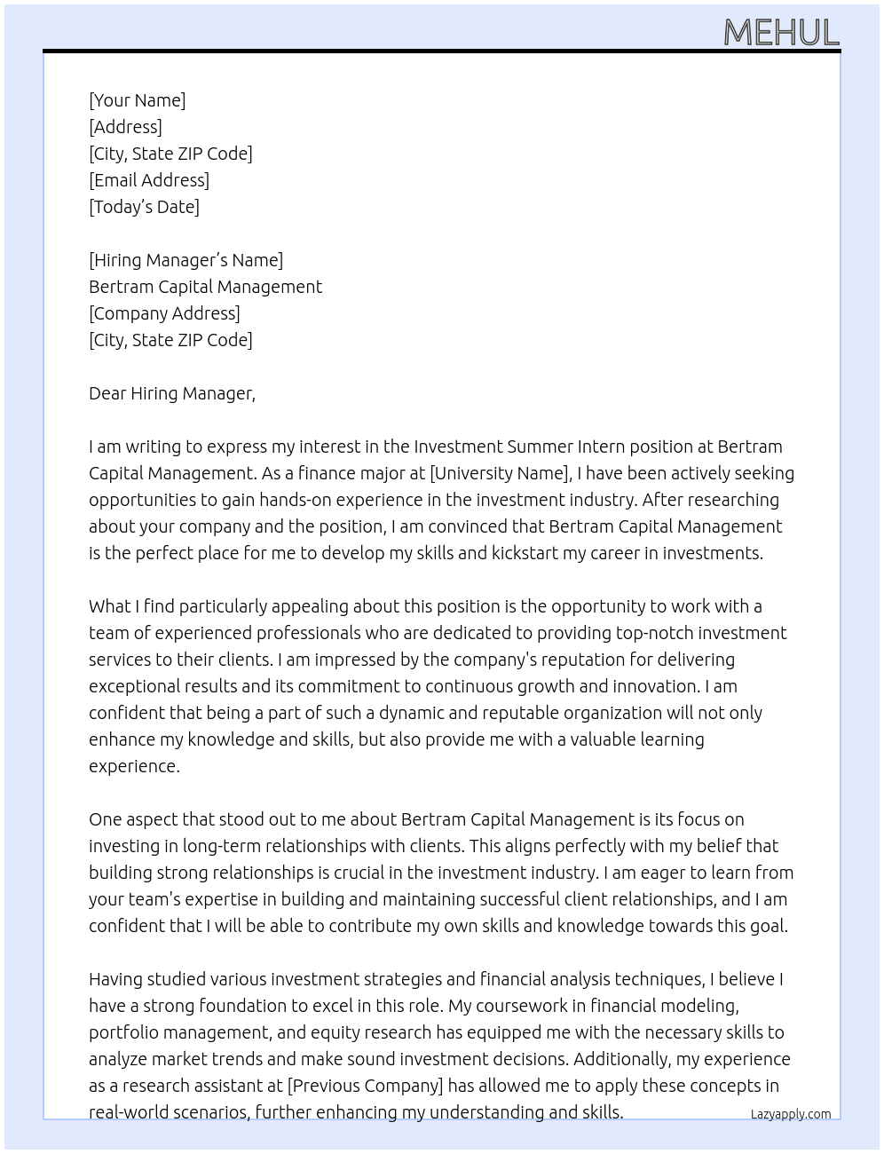 Investment Summer intern At Bertram Capital Management  Cover Letter
