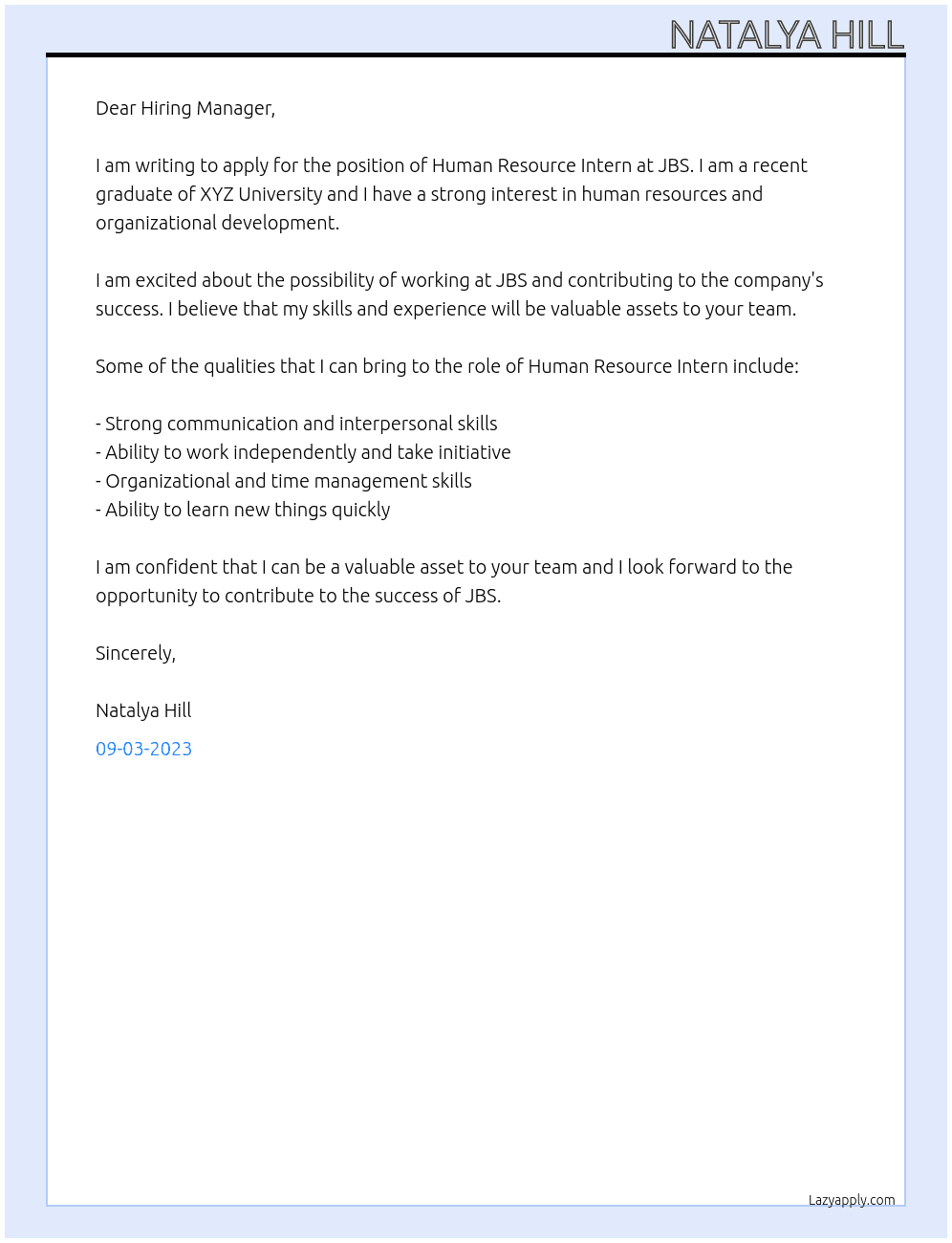 Human Resource Intern At JBS Cover Letter