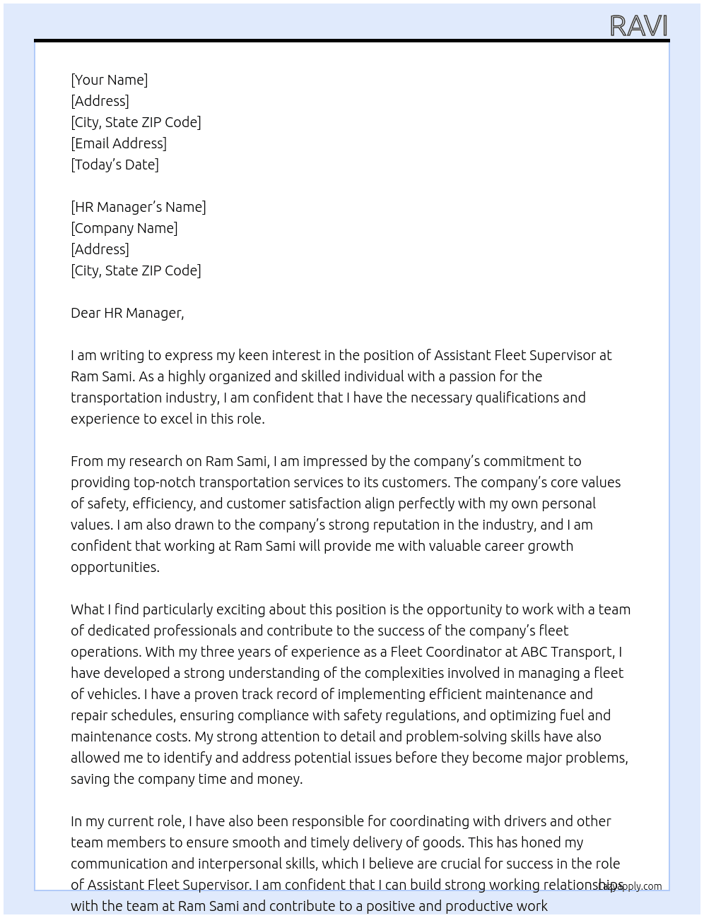 Assistant Fleet supervisor At Ram sami Cover Letter
