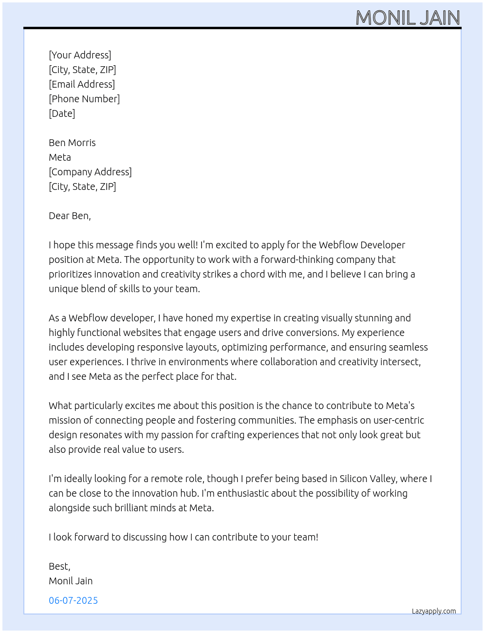 Cover letter for webflow developer - LazyApply