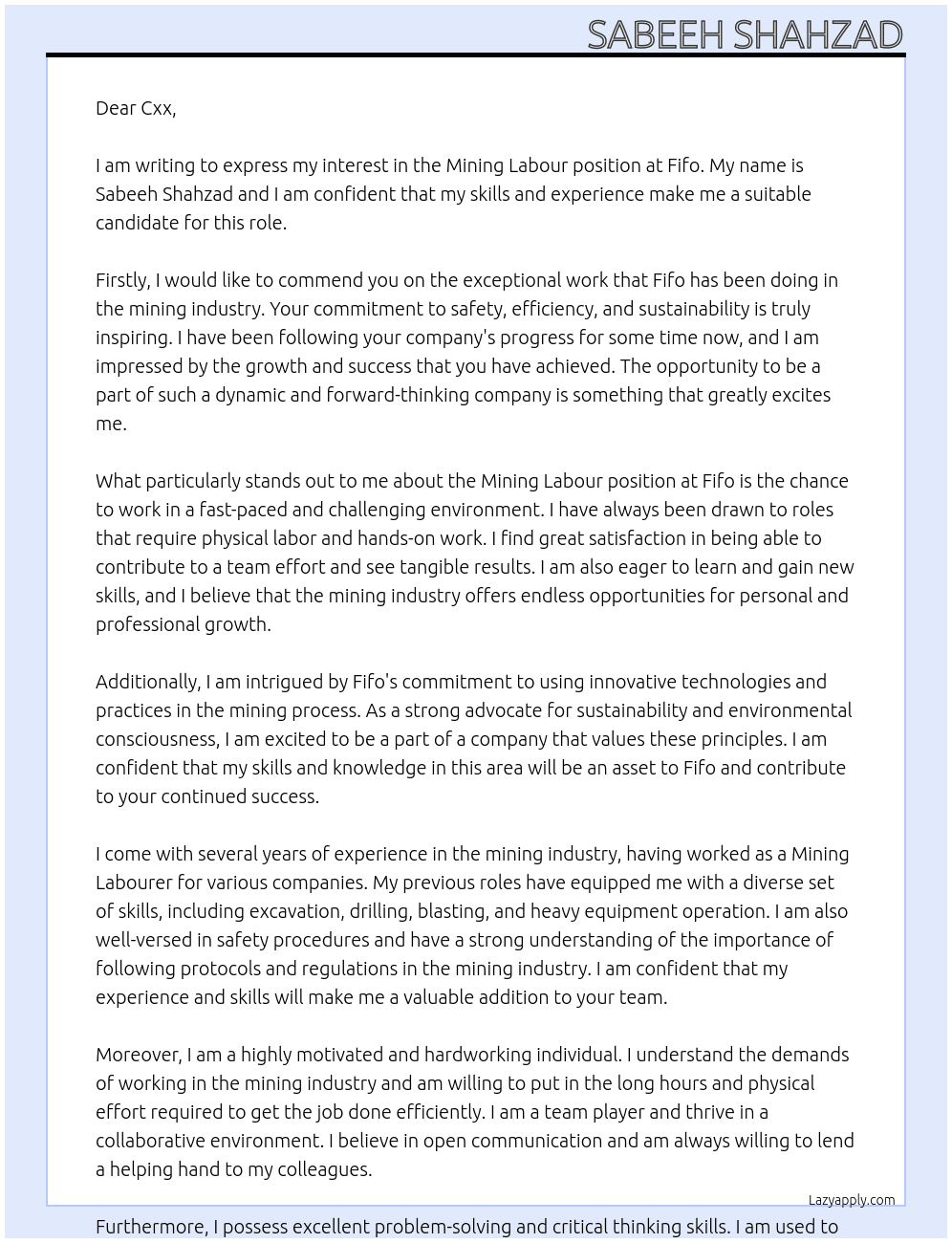 Mining labour  At Fifo Cover Letter
