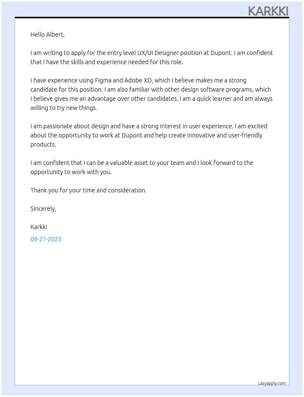 entry level uxui designer At Dupont Cover Letter