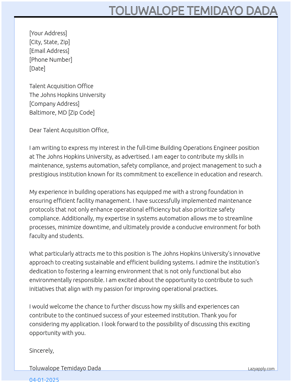 Building Operations Engineer At The Johns Hopkins University Cover Letter