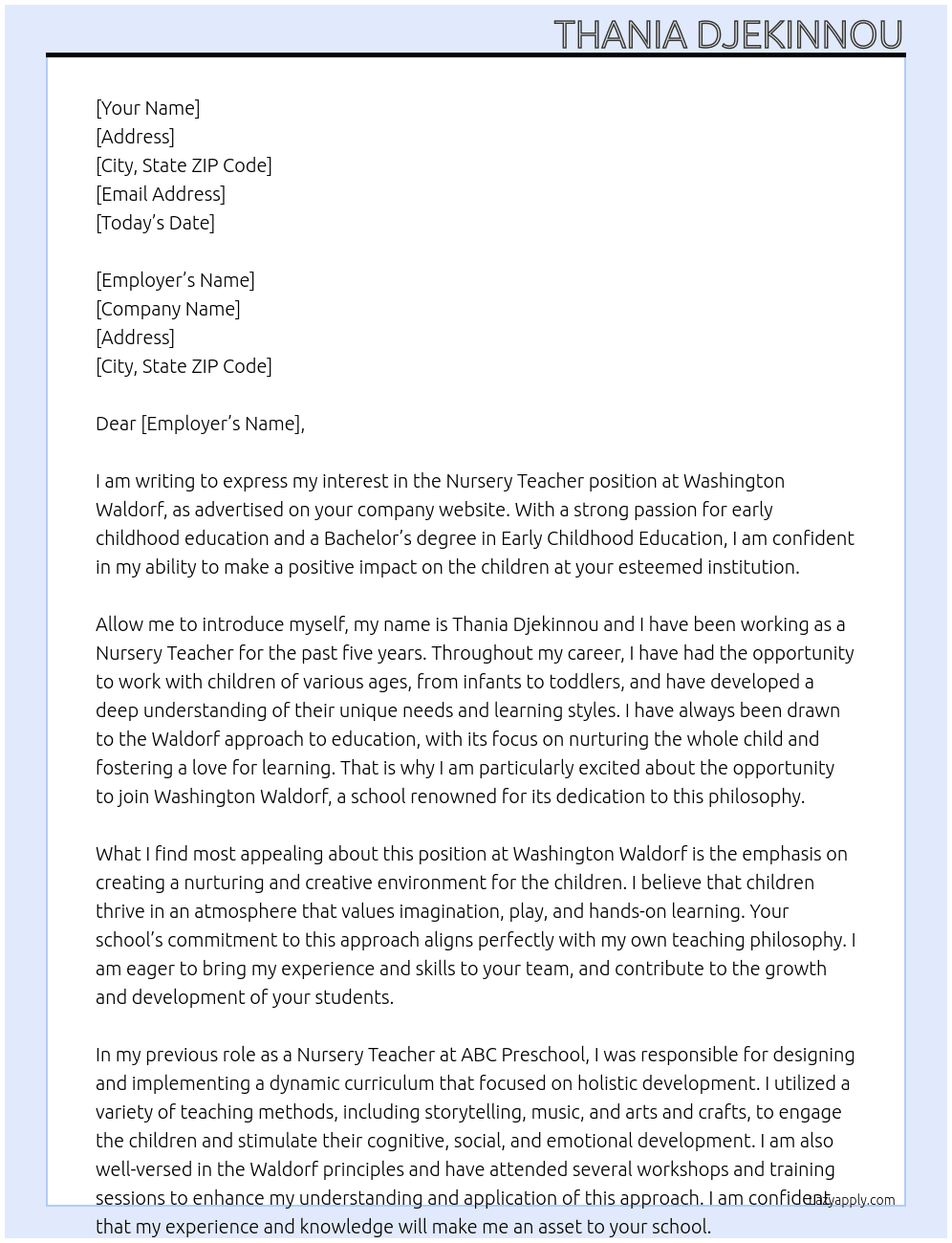 nursery teacher  At washington waldorf  Cover Letter
