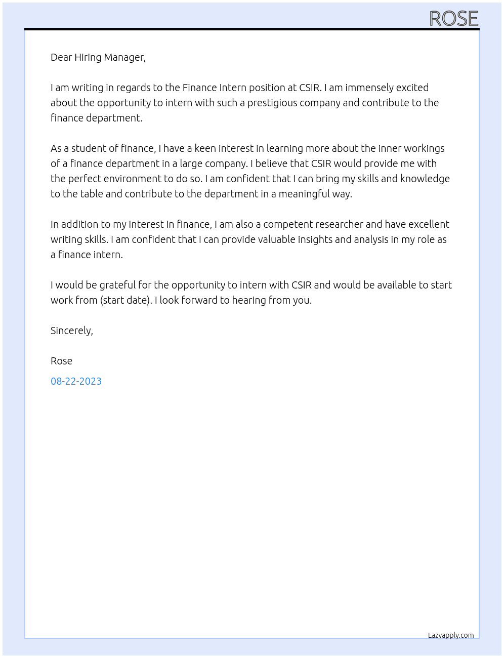Finance Intern At CSIR Cover Letter