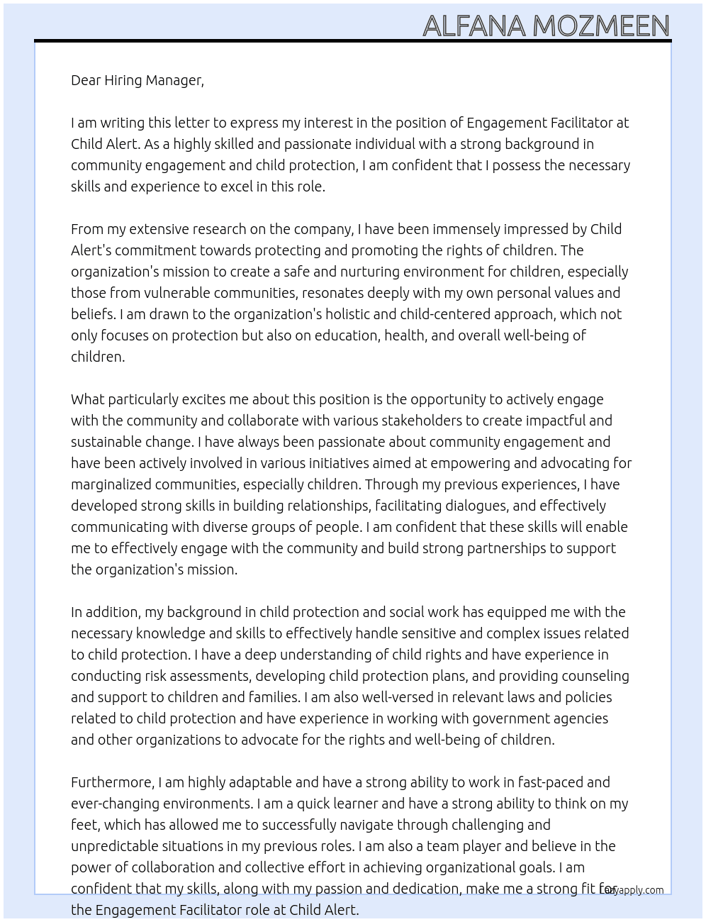 Engagement Facilitator  At Child Alert Cover Letter