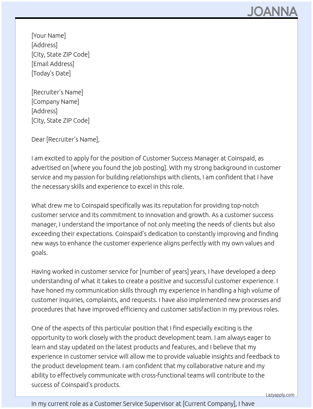 Customer Success Manager At coinspaid Cover Letter