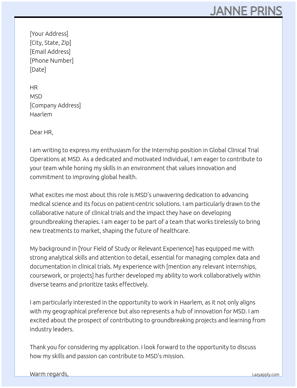 MSD Stage Global Clinical Trial Operatios At MSD Cover Letter