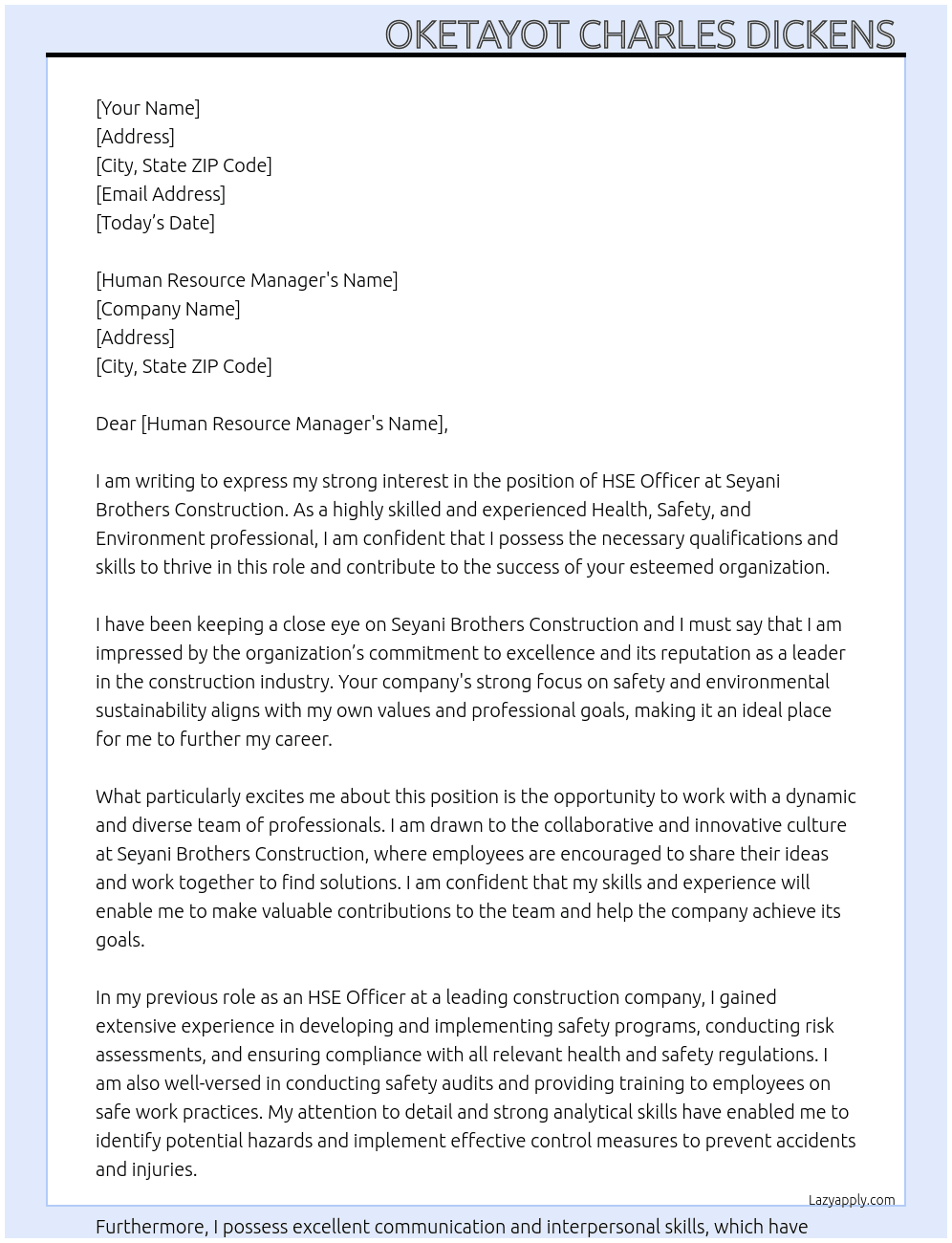 HSE officer  At Seyani brothers construction  Cover Letter