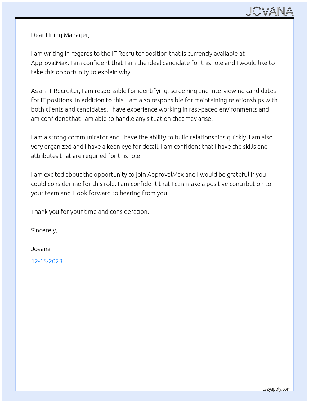 IT Recruiter At ApprovalMax Cover Letter