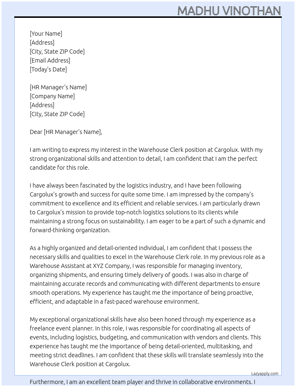 Warehouse clerk  At Cargolux Cover Letter
