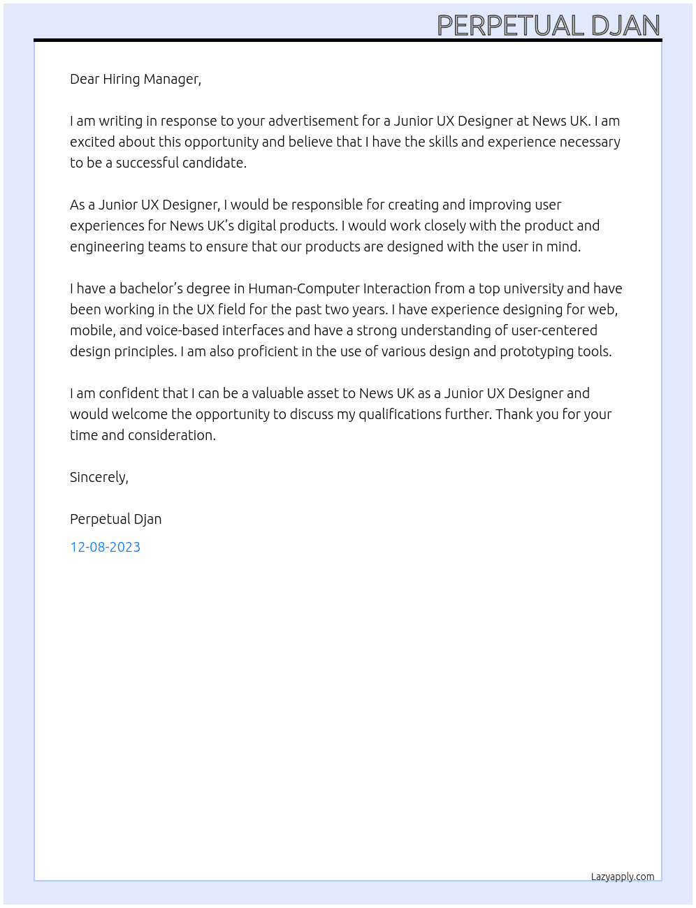 Junior UX Designer At News UK Cover Letter