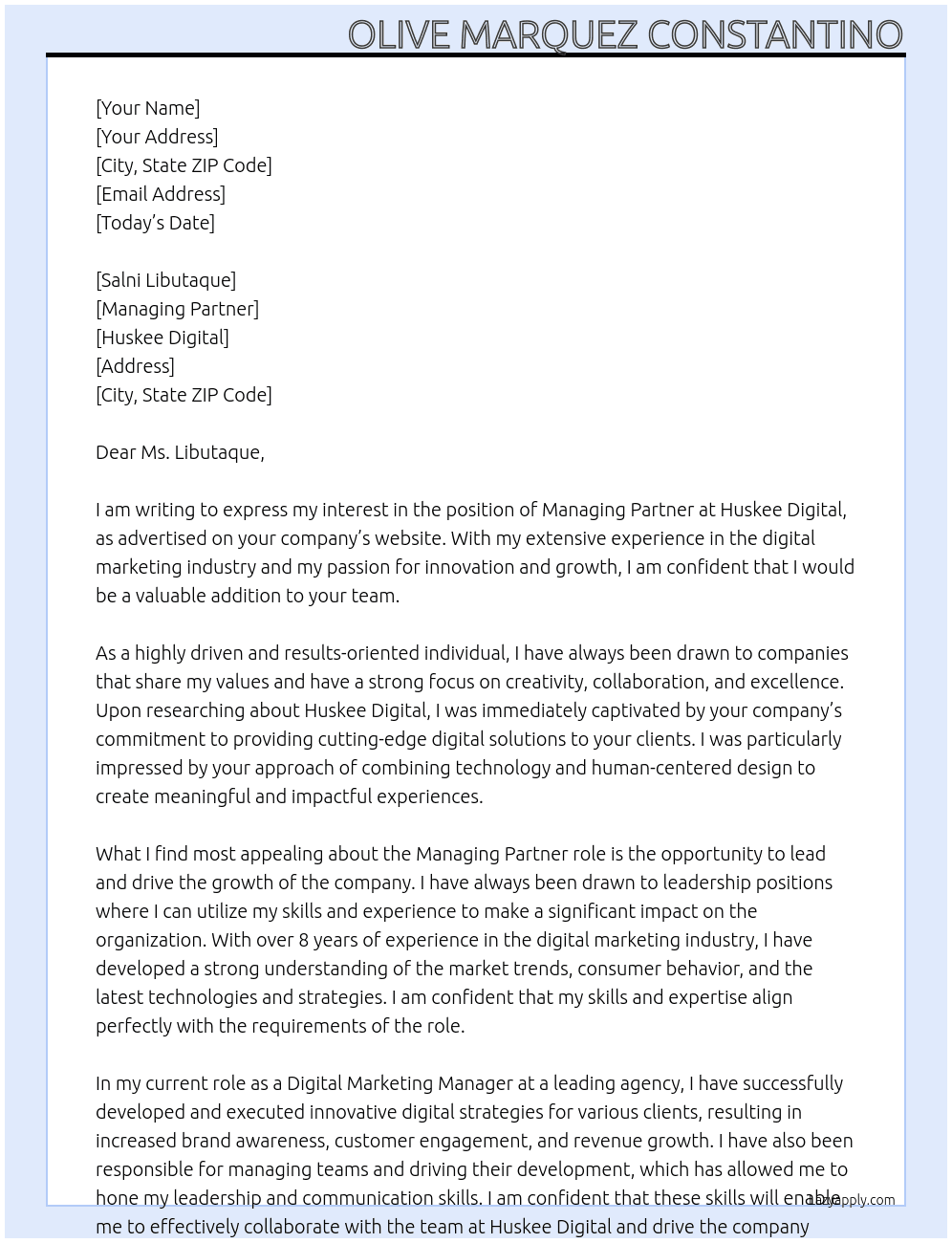 Managing Partner At Huskee Digital Cover Letter