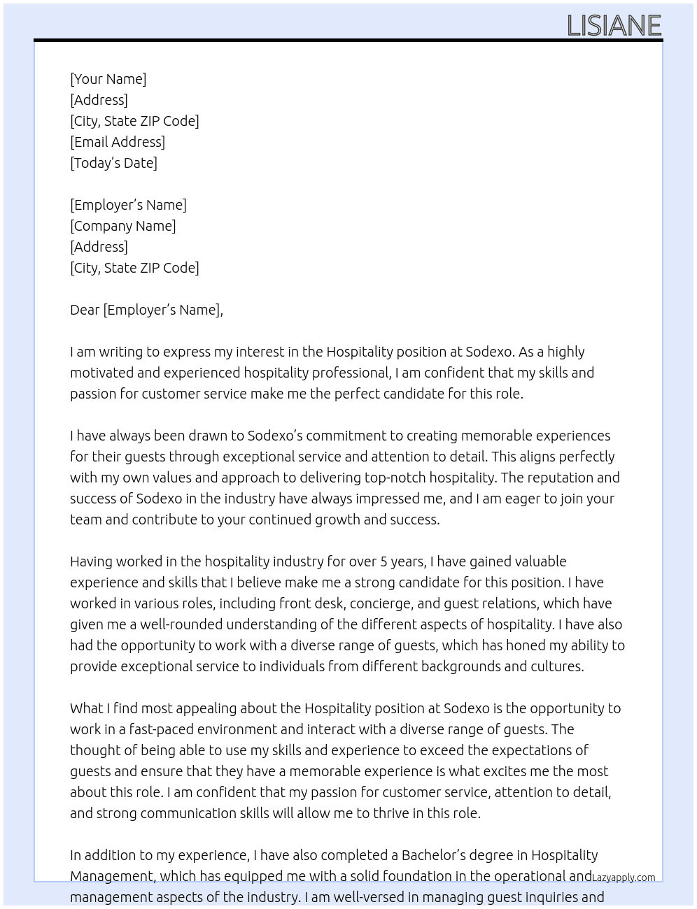 hospitality  At sodexo Cover Letter