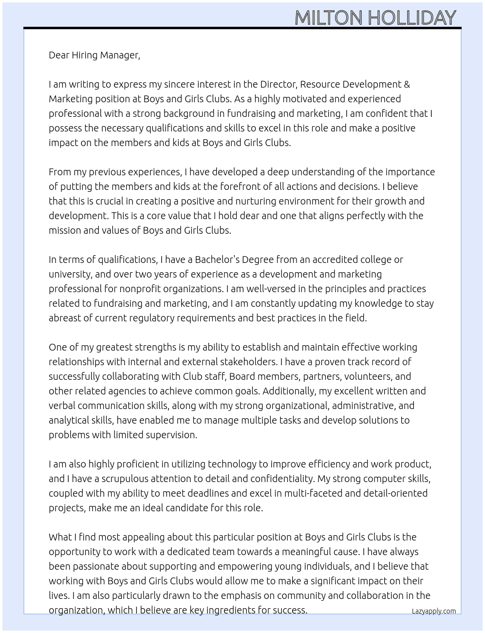 Director, Resource Development & Marketing At Boys and Girls Clubs  Cover Letter