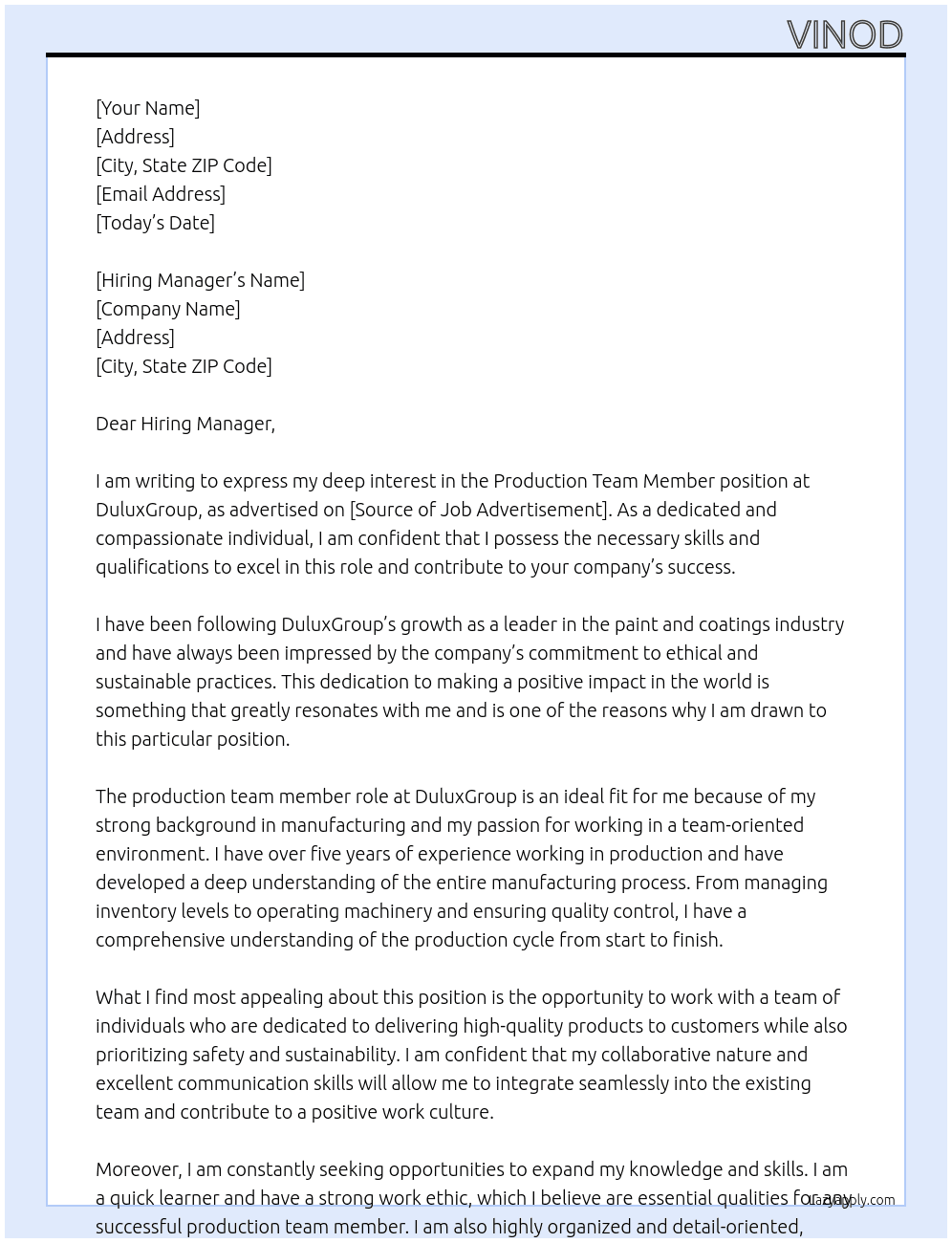 production team member At DuluxGroup Cover Letter
