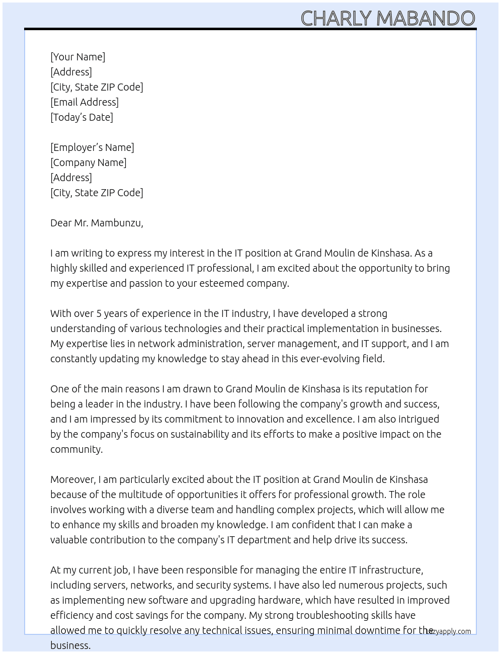 IT  At Grand Moulin de Kinshasa Cover Letter