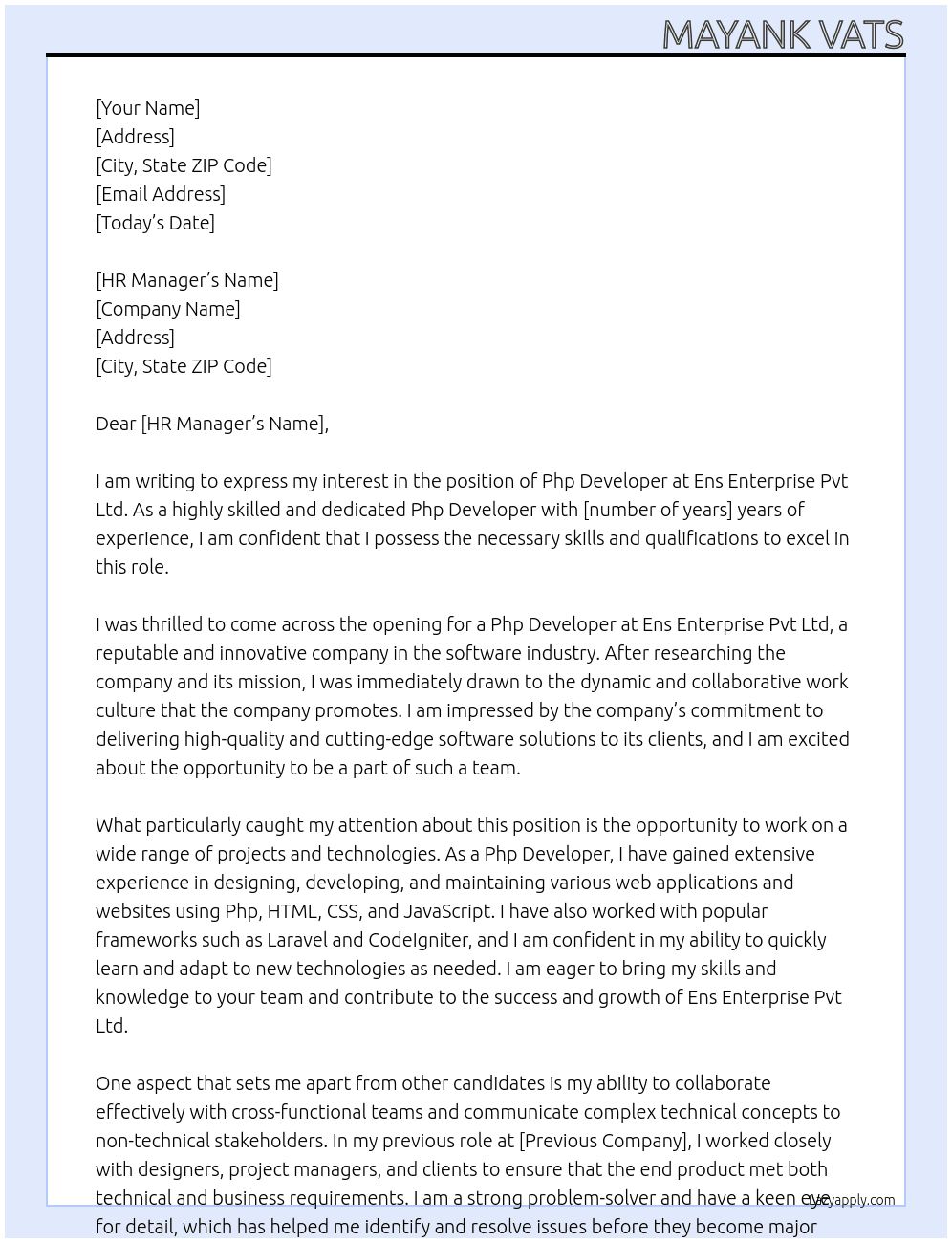 Php developer  At Ens Enterprise pvt ltd  Cover Letter