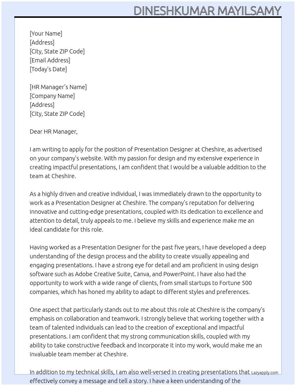 Presentation designer  At Cheshire Cover Letter