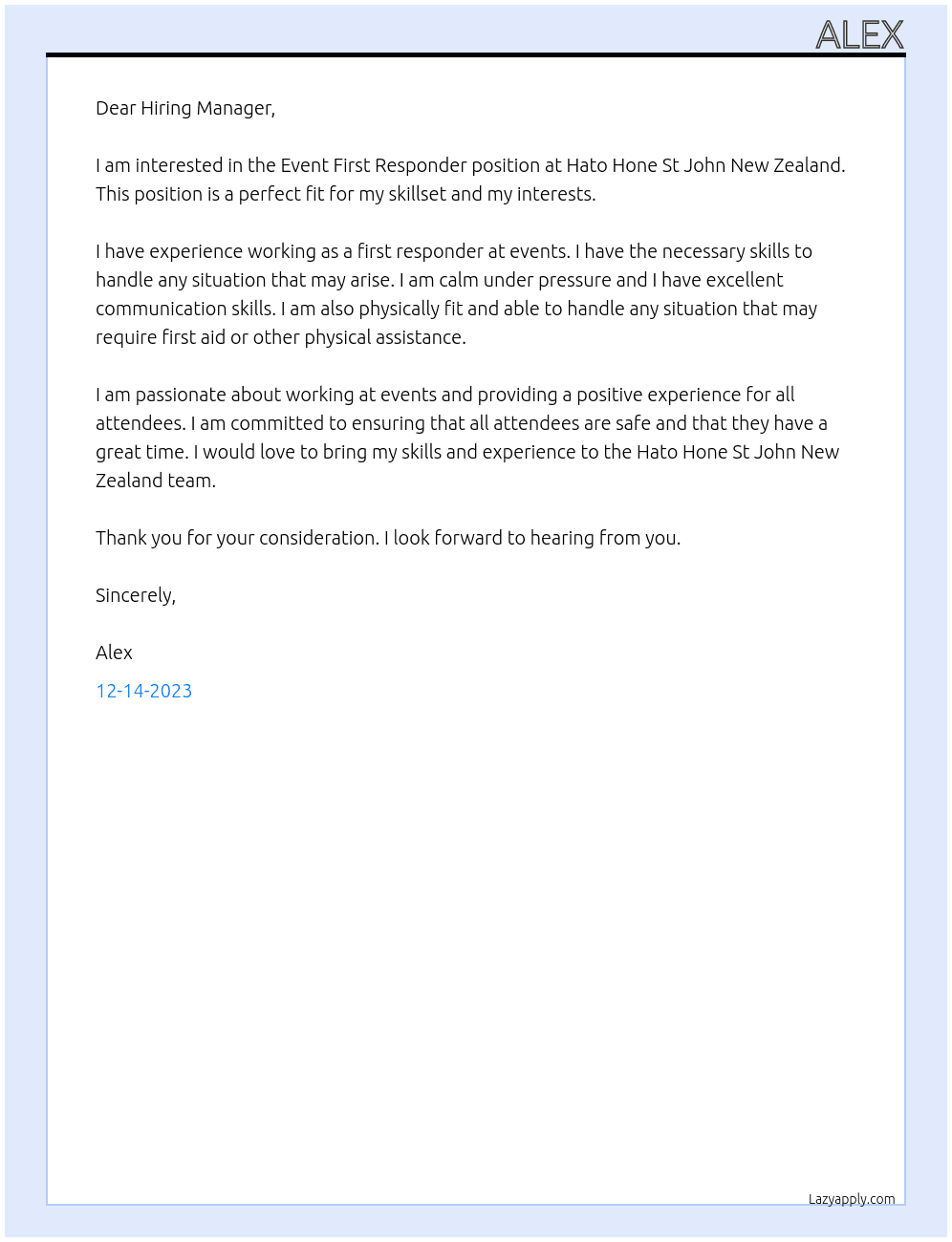Event First Responder At Hato Hone St John New Zealand Cover Letter