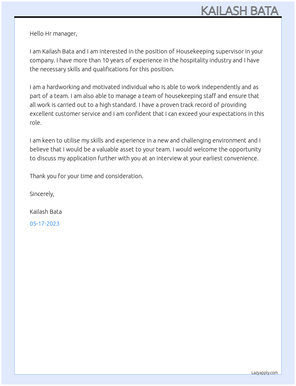Housekeeping supervisor  At Abc company  Cover Letter