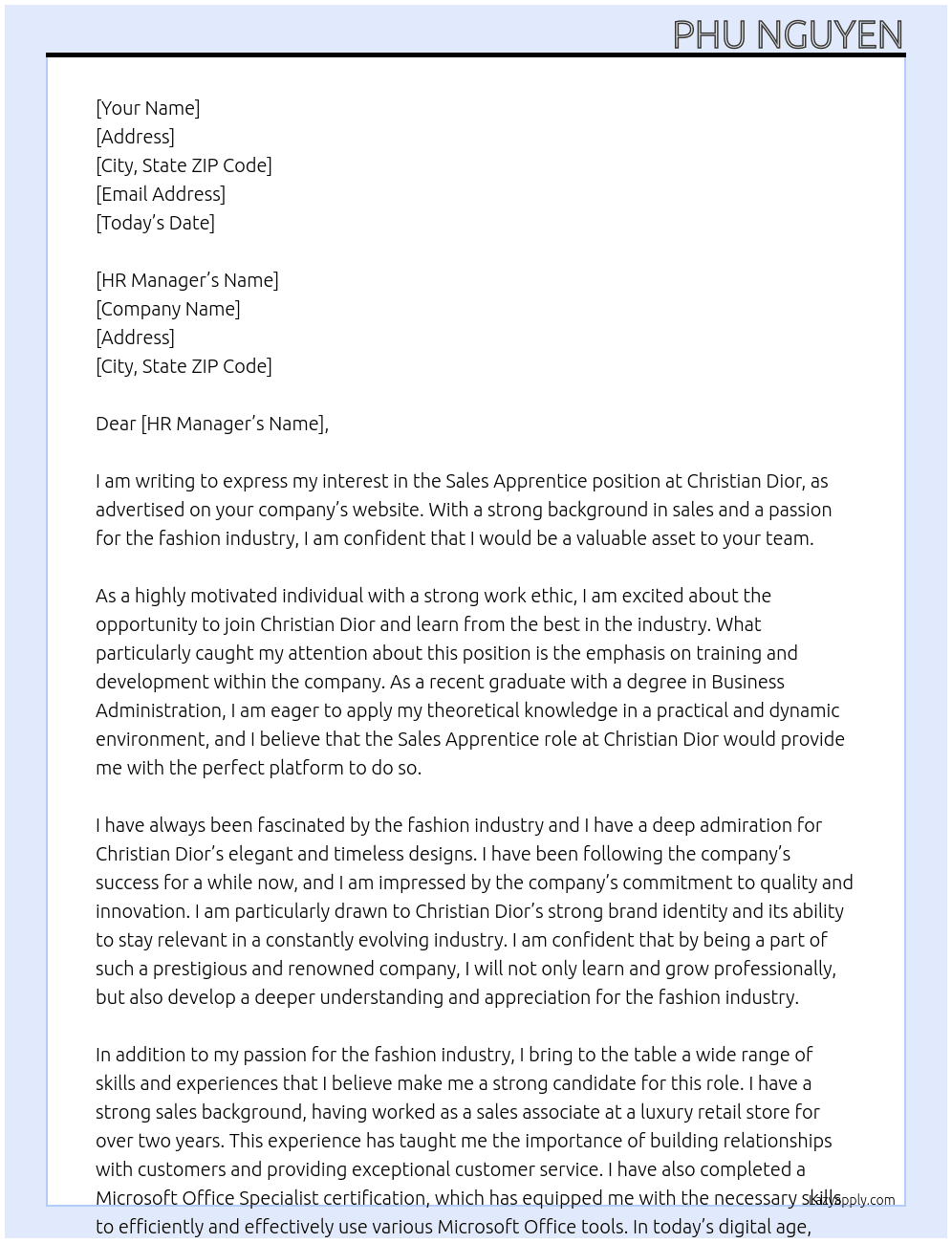Sales Apprentice At Christian Dior Cover Letter