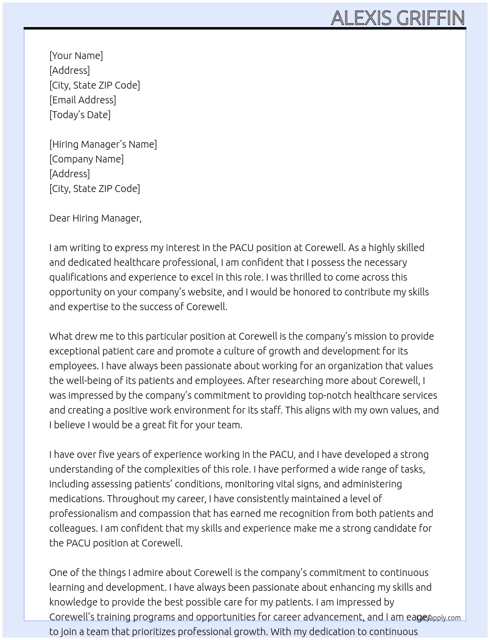 PACU At Corewell Cover Letter