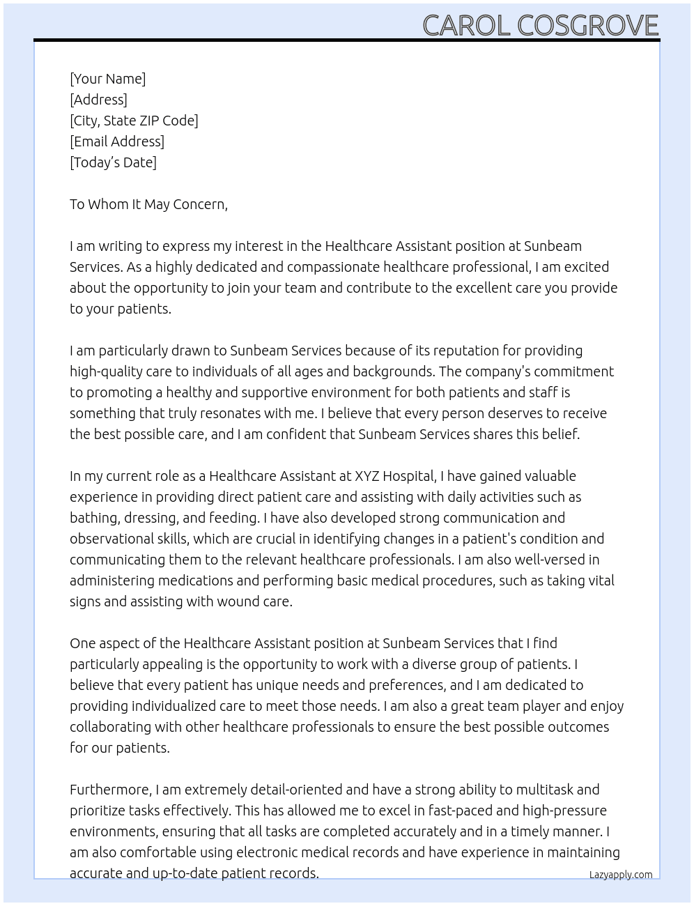 Healthcare Assistant At Sunbeam Services Cover Letter