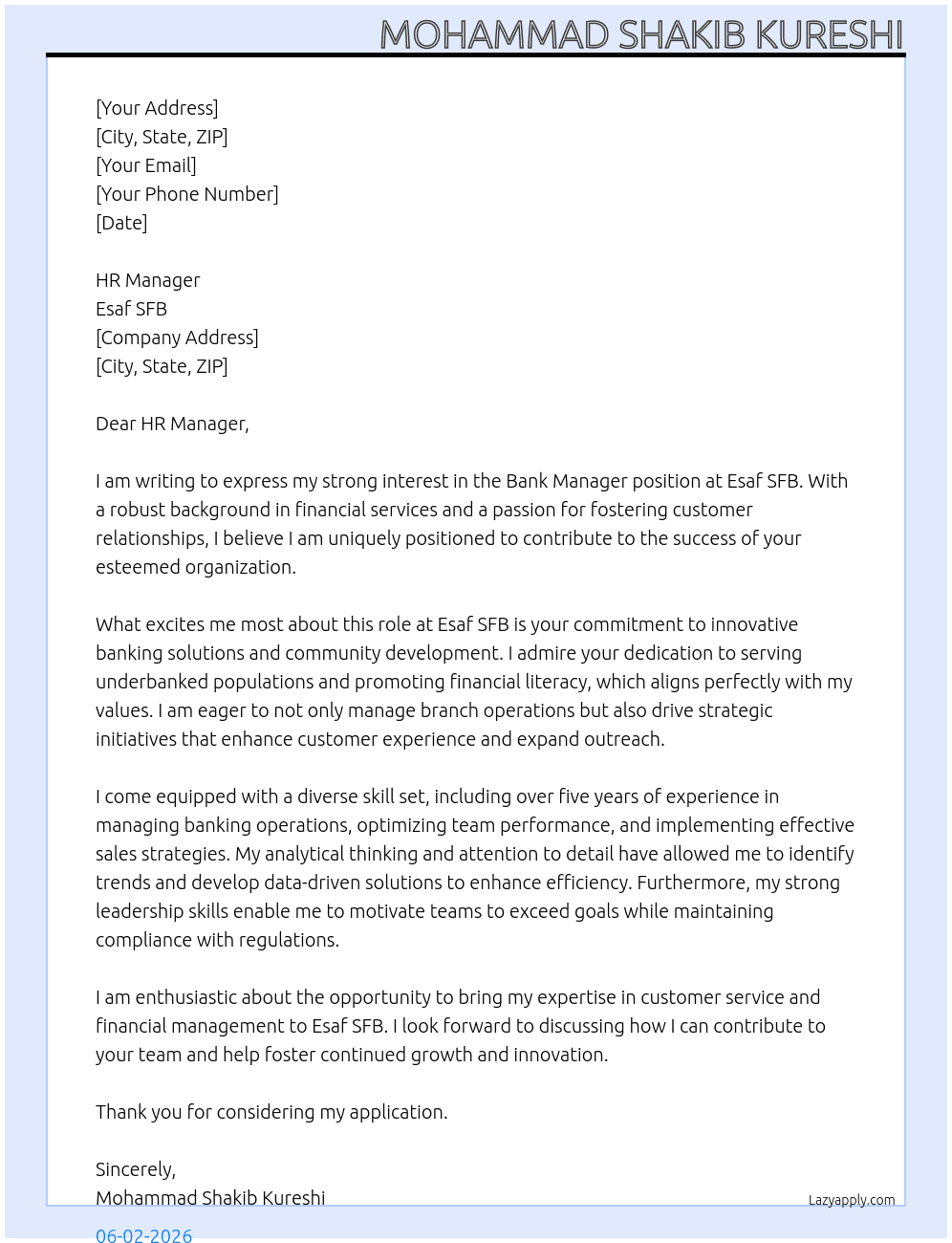 Bank Manager At Esaf SFB Cover Letter