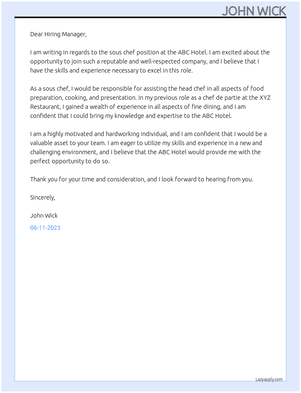 sous chef At abc hotel Cover Letter