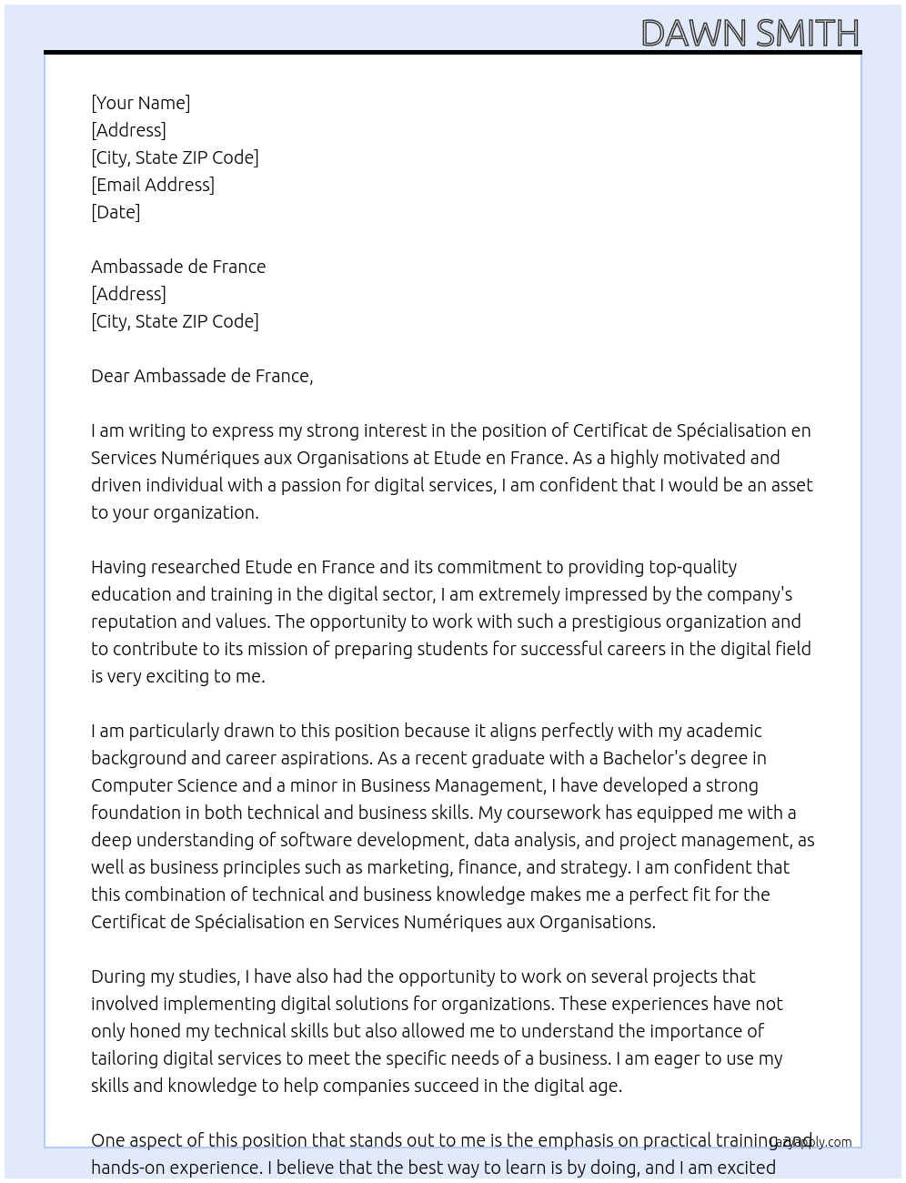 Certificat de spécialisation en services numériques aux organisations At Etude en france Cover Letter