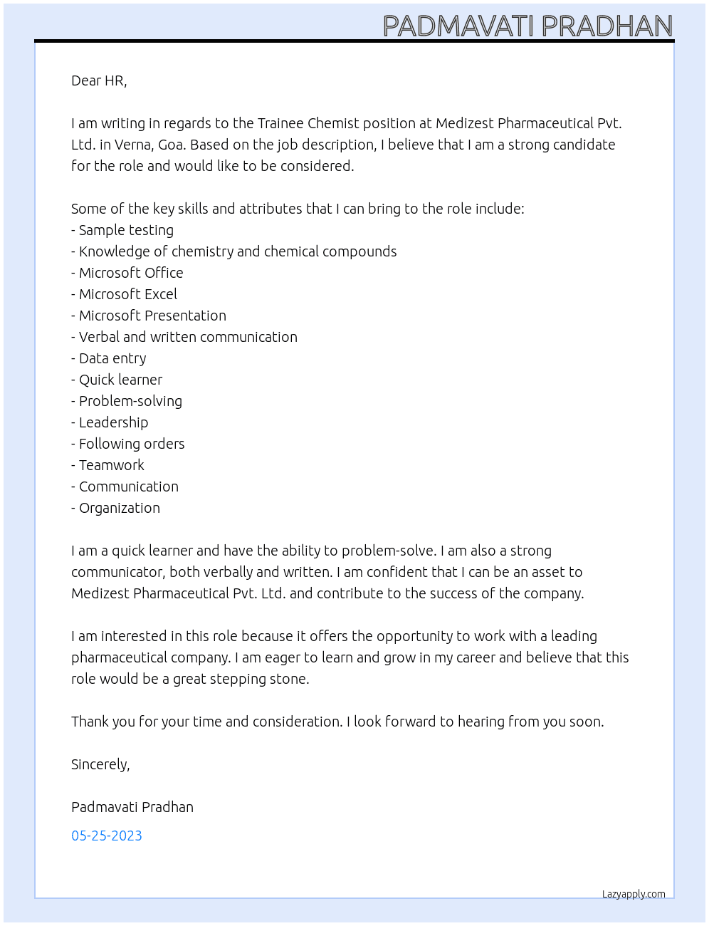 Trainee chemist  At Medizest Pharmaceutical Pvt. Ltd. - Verna, Goa Cover Letter