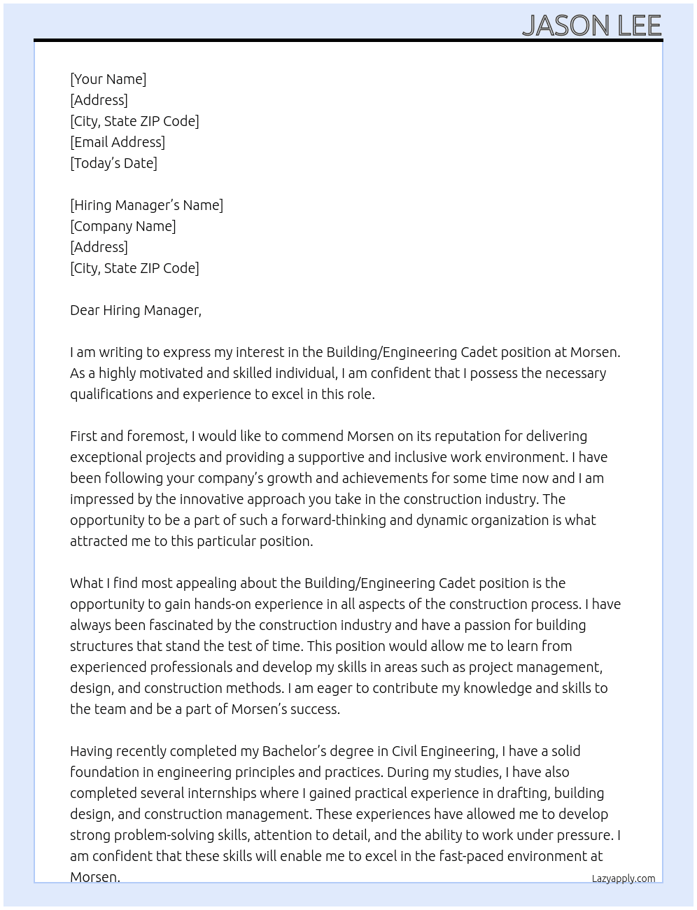 Building/Engineering Cadet At Morsen Cover Letter