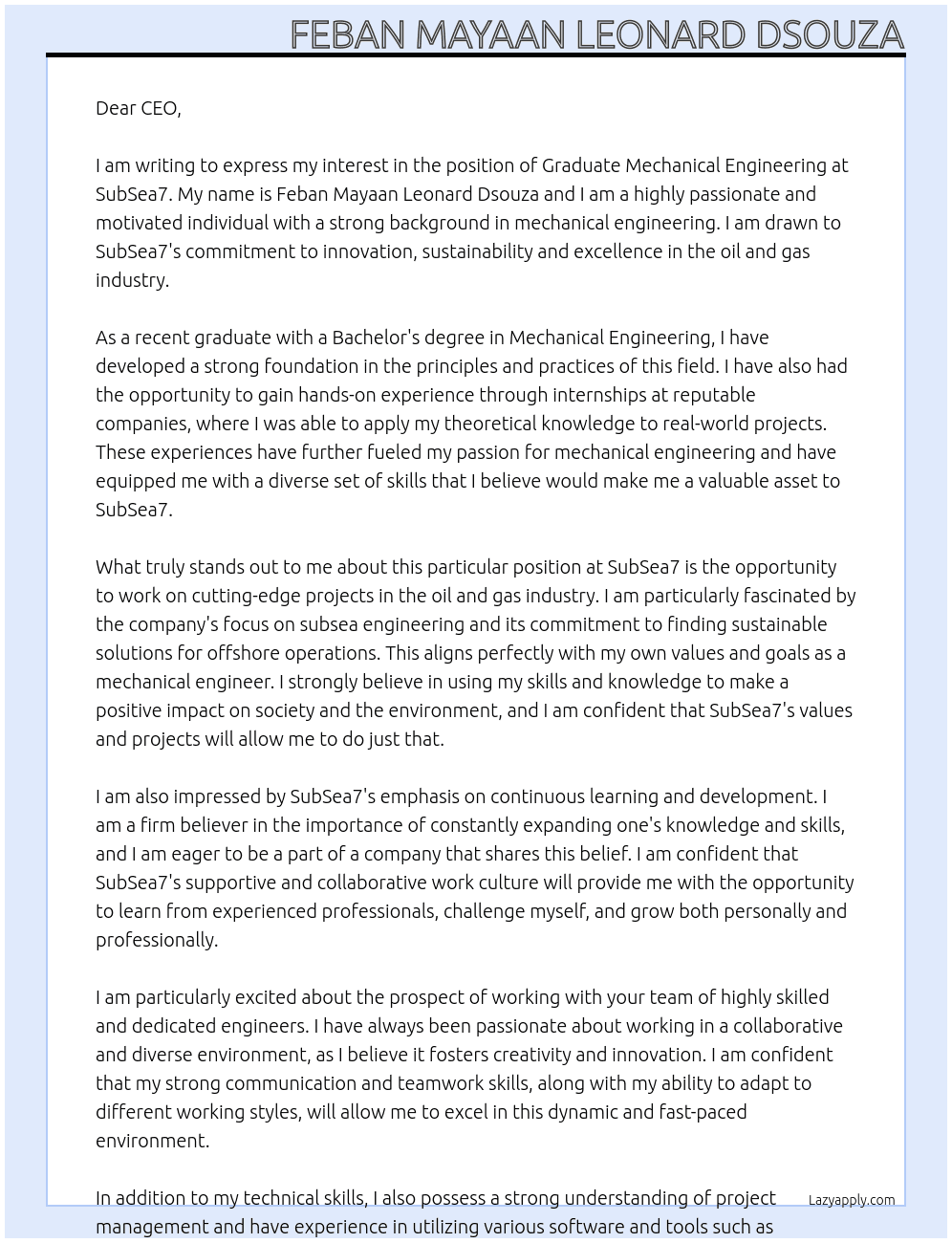 Graduate Mechanical Engineering  At SubSea7 Cover Letter