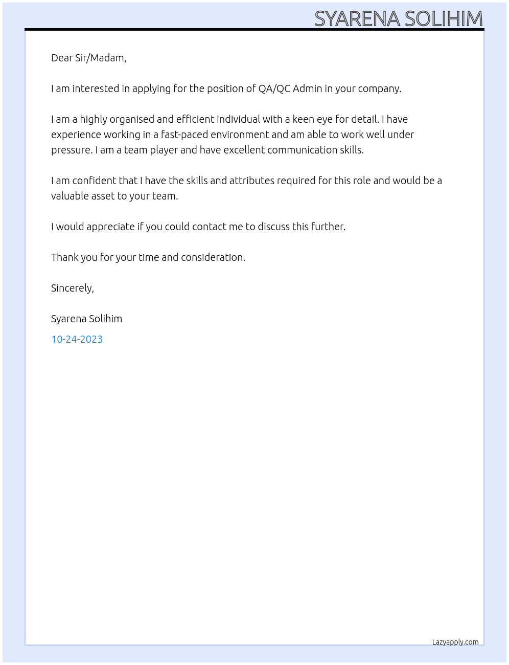 QA/QC ADMIN At BEE JAY BEST Cover Letter